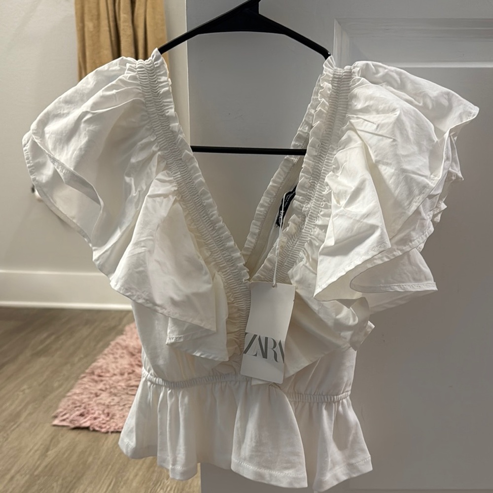 Zara White Ruffled Peplum Blouse
